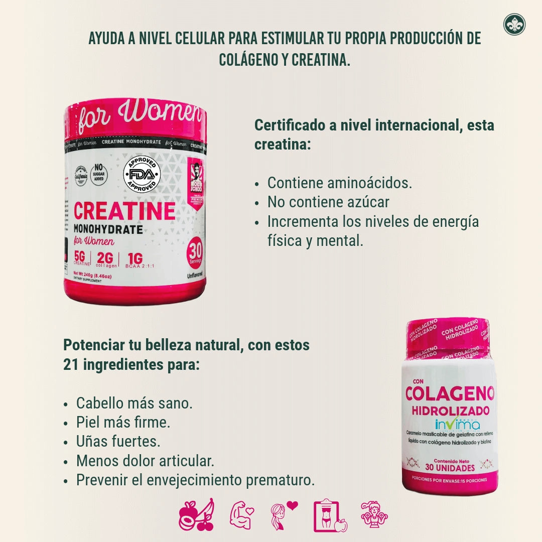 VITALIDAD CON BELLEZA NATURAL | CREATINA MONOHIDRATA + COLAGENO HIDROLIZADO CON BIOTINA